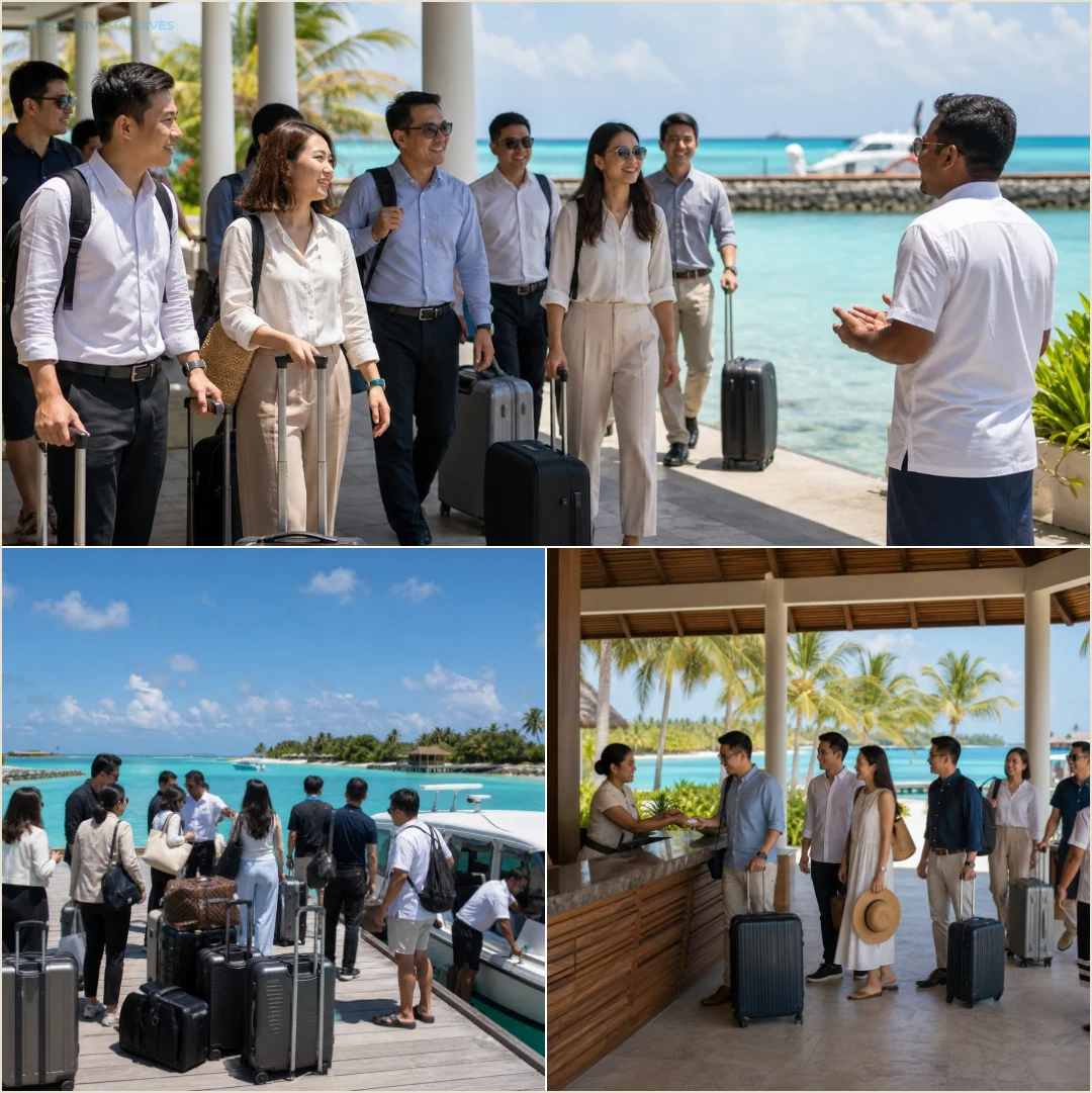 คอลลาจกรุ๊ปองค์กรไทยถึงสนามบินมัลดีฟส์ จัดกระเป๋าที่ท่าเรือ และเช็กอินรีสอร์ต