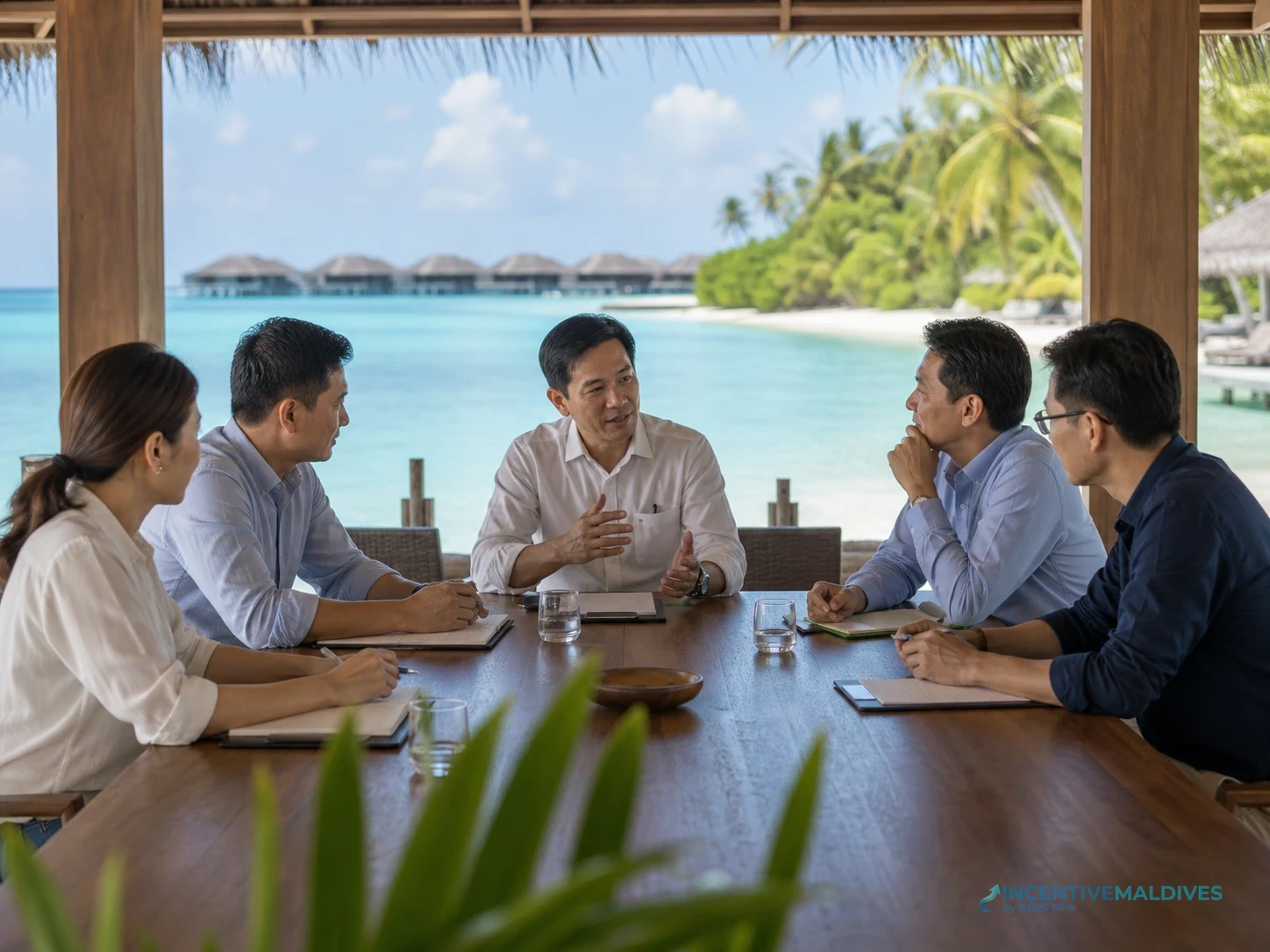 ผู้บริหารกลุ่มเล็กประชุมที่พื้นที่ริมทะเลของรีสอร์ทมัลดีฟส์