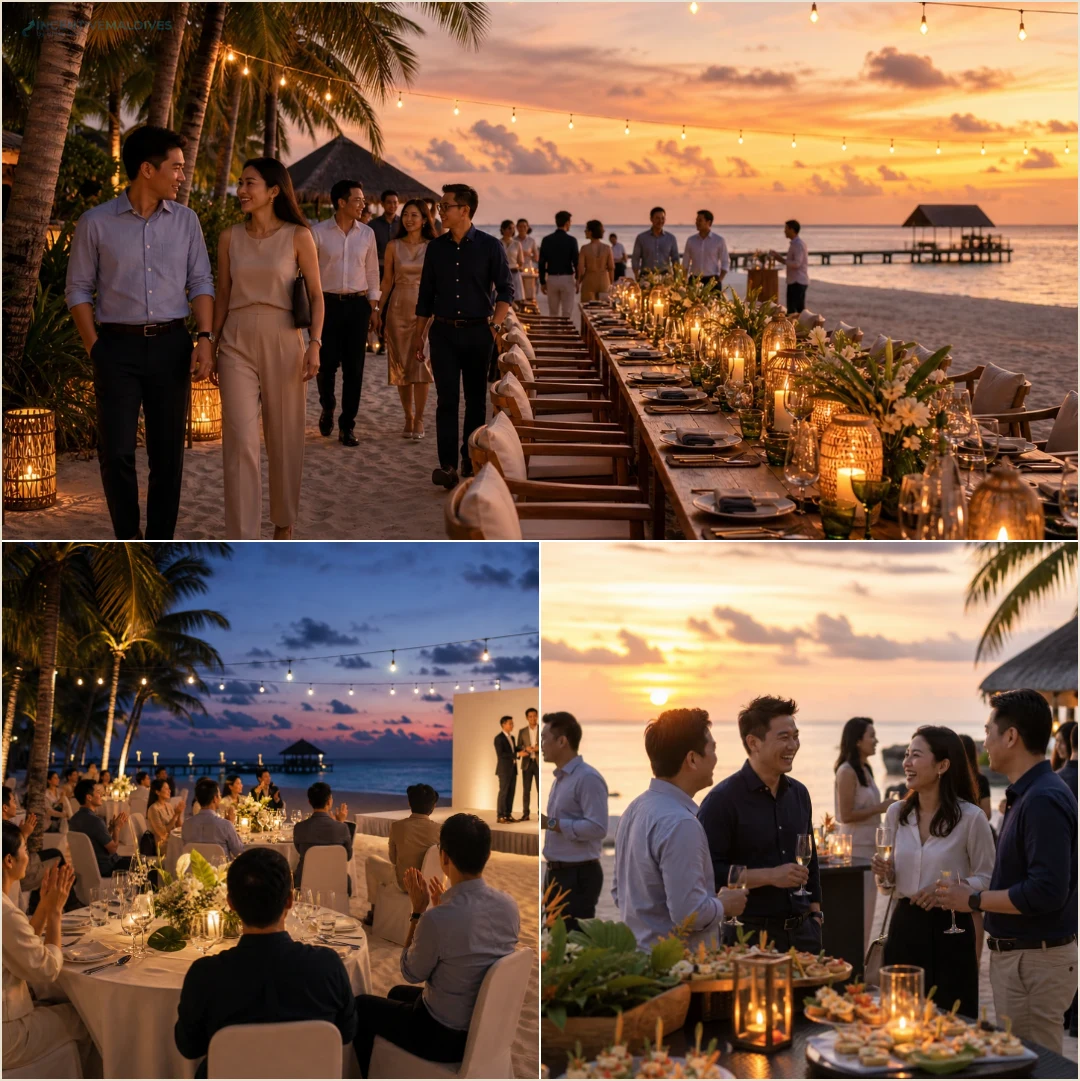 คอลลาจบรรยากาศ gala dinner งานมอบรางวัล และ networking cocktail ของกรุ๊ปองค์กรมาจากภาพกิจกรรมที่มีคนทุกช่อง