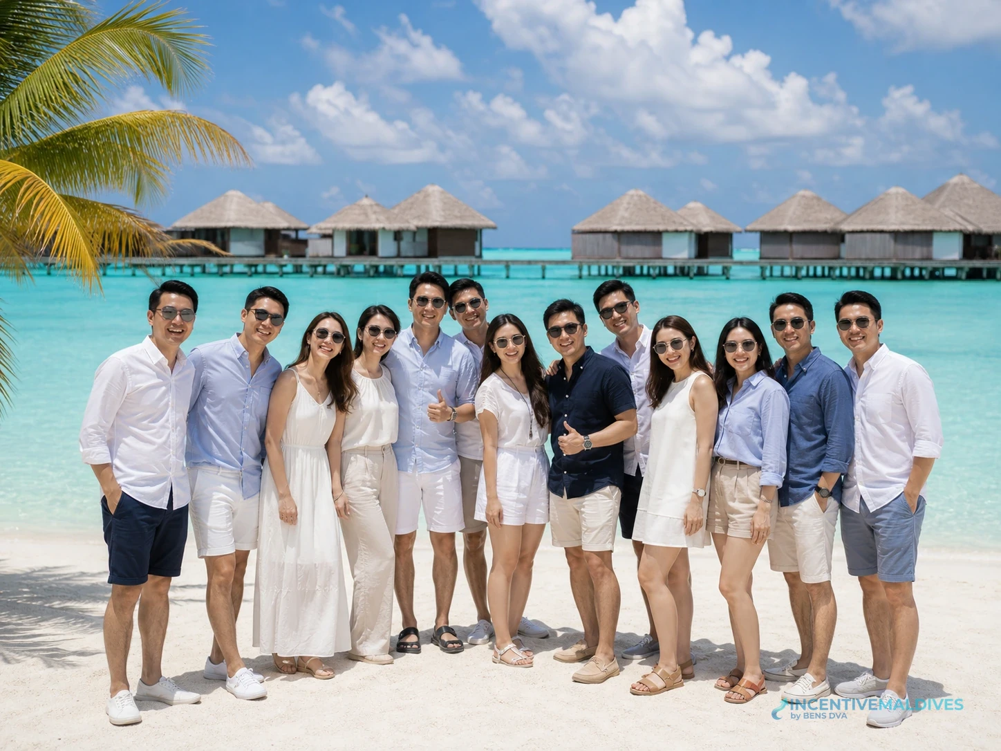 กรุ๊ปองค์กรถ่ายภาพร่วมกันบนชายหาดรีสอร์ทมัลดีฟส์ ใช้ประกอบความต่างระหว่างพื้นที่รีสอร์ทกับเกาะชุมชน