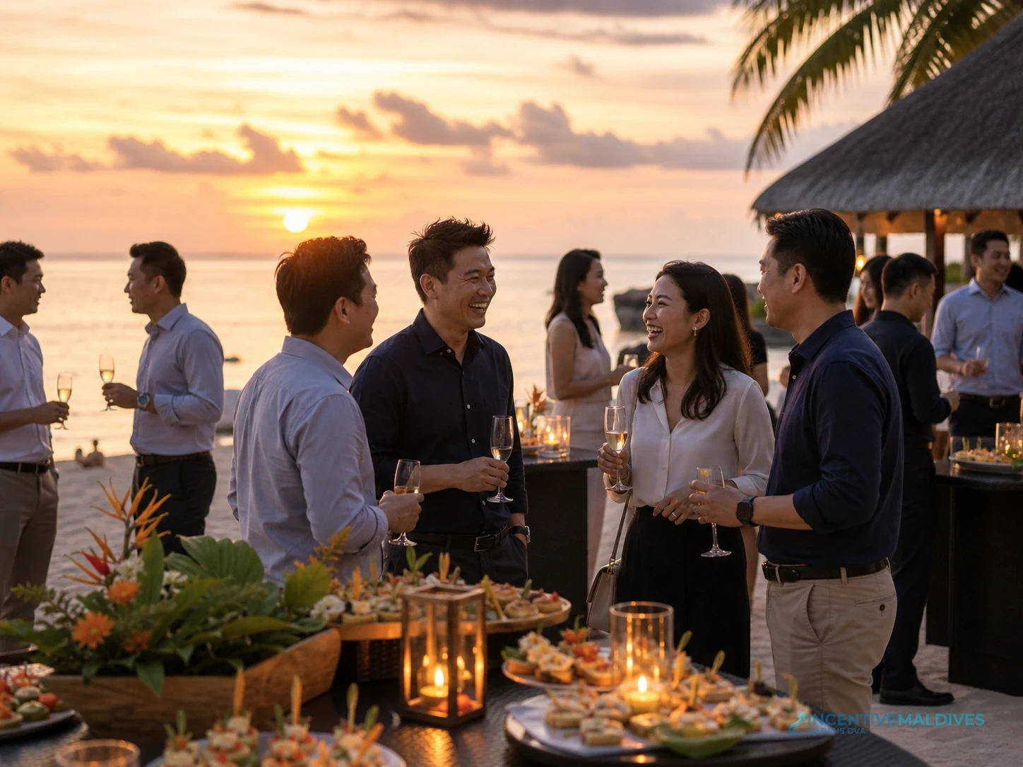 กรุ๊ปองค์กรร่วมงานค็อกเทลยามเย็นภายในรีสอร์ทมัลดีฟส์สำหรับวางแผนบริการเครื่องดื่มที่ได้รับอนุญาต