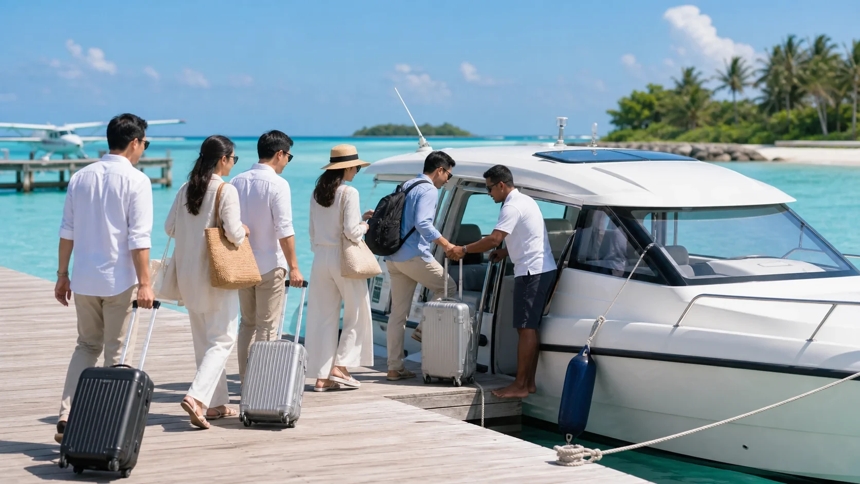 เจ้าหน้าที่และทีมกรุ๊ปองค์กรตรวจน้ำหนักกระเป๋าที่ท่า seaplane มัลดีฟส์