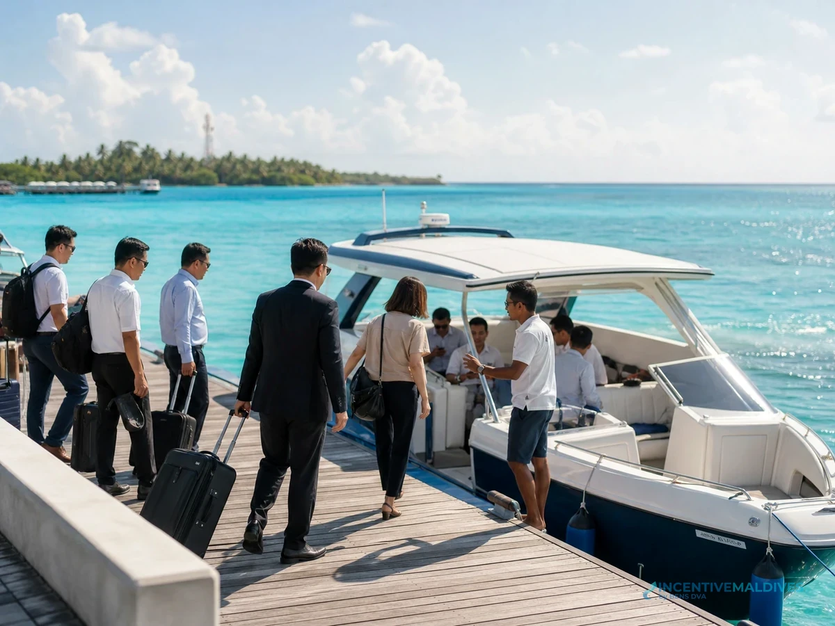 ภาพกรุ๊ปองค์กรเดินทางถึงมัลดีฟส์ด้วย speedboat เพื่อสื่อถึงโลจิสติกส์วันแรกของทริป