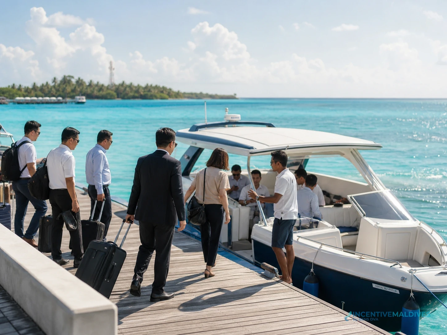 กรุ๊ปองค์กรเดินทางถึงรีสอร์ทมัลดีฟส์ด้วย Speedboat และขนสัมภาระขึ้นท่าเทียบเรือ
