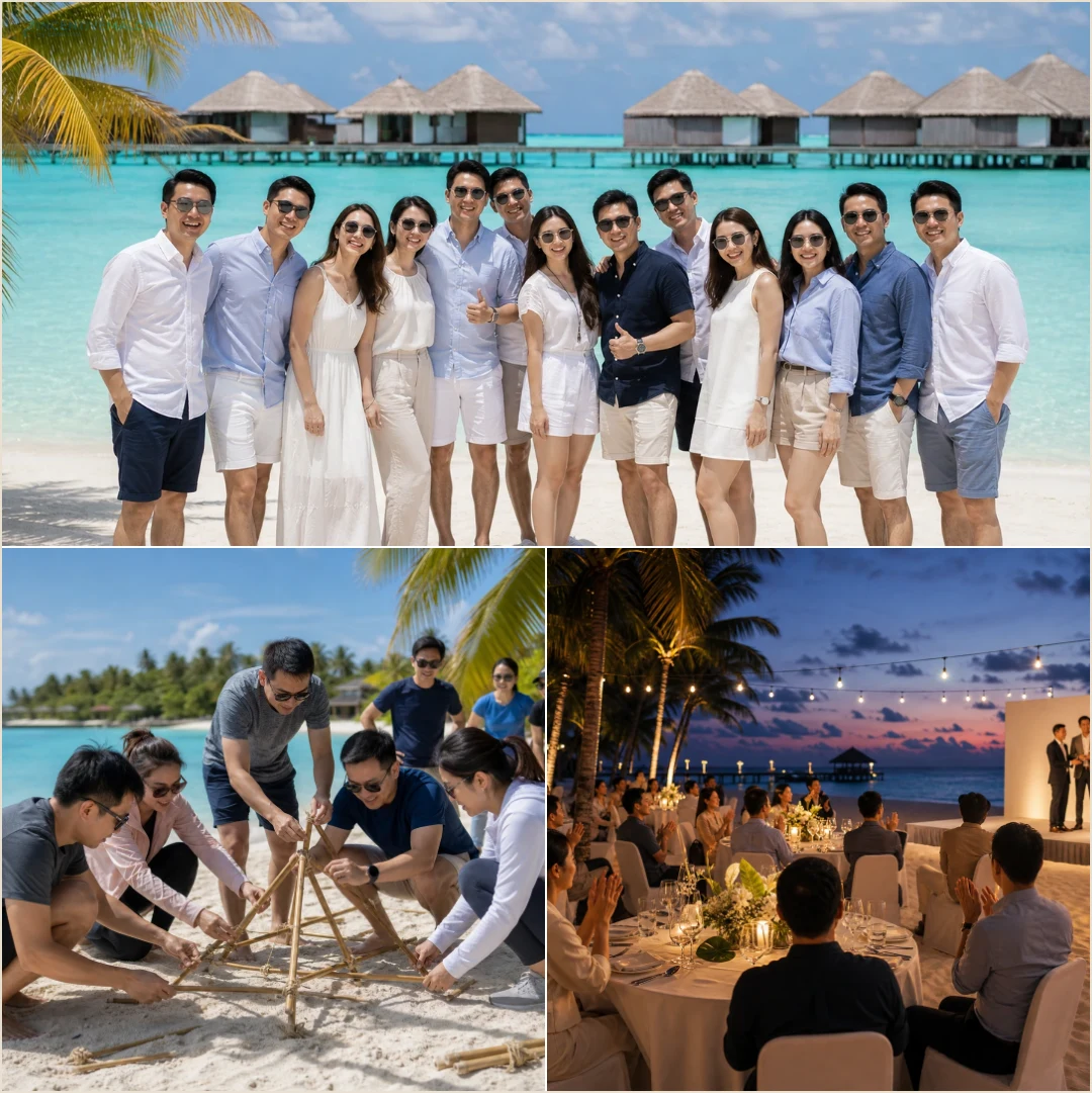 คอลลาจคนล้วนแสดงภาพหมู่ทีมขาย กิจกรรมชายหาด และงานมอบรางวัลริมทะเลที่มัลดีฟส์