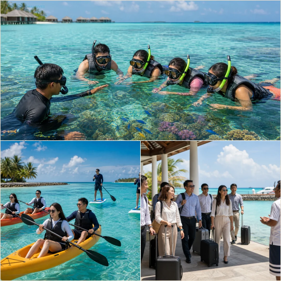 คอลลาจกรุ๊ปองค์กรทำ snorkeling พาย kayak และเดินทางถึงสนามบินมัลดีฟส์