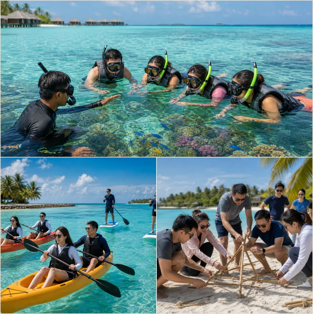 คอลลาจทีมองค์กรทำกิจกรรม snorkeling กีฬาทางน้ำ และ team building ริมชายหาดในมัลดีฟส์