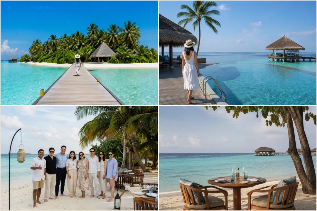 คอลลาจชายหาดเกาะรีสอร์ต สระอินฟินิตี้ริมทะเล และโต๊ะดินเนอร์ริมหาด จุดเด่นของวิลล่าชายหาด