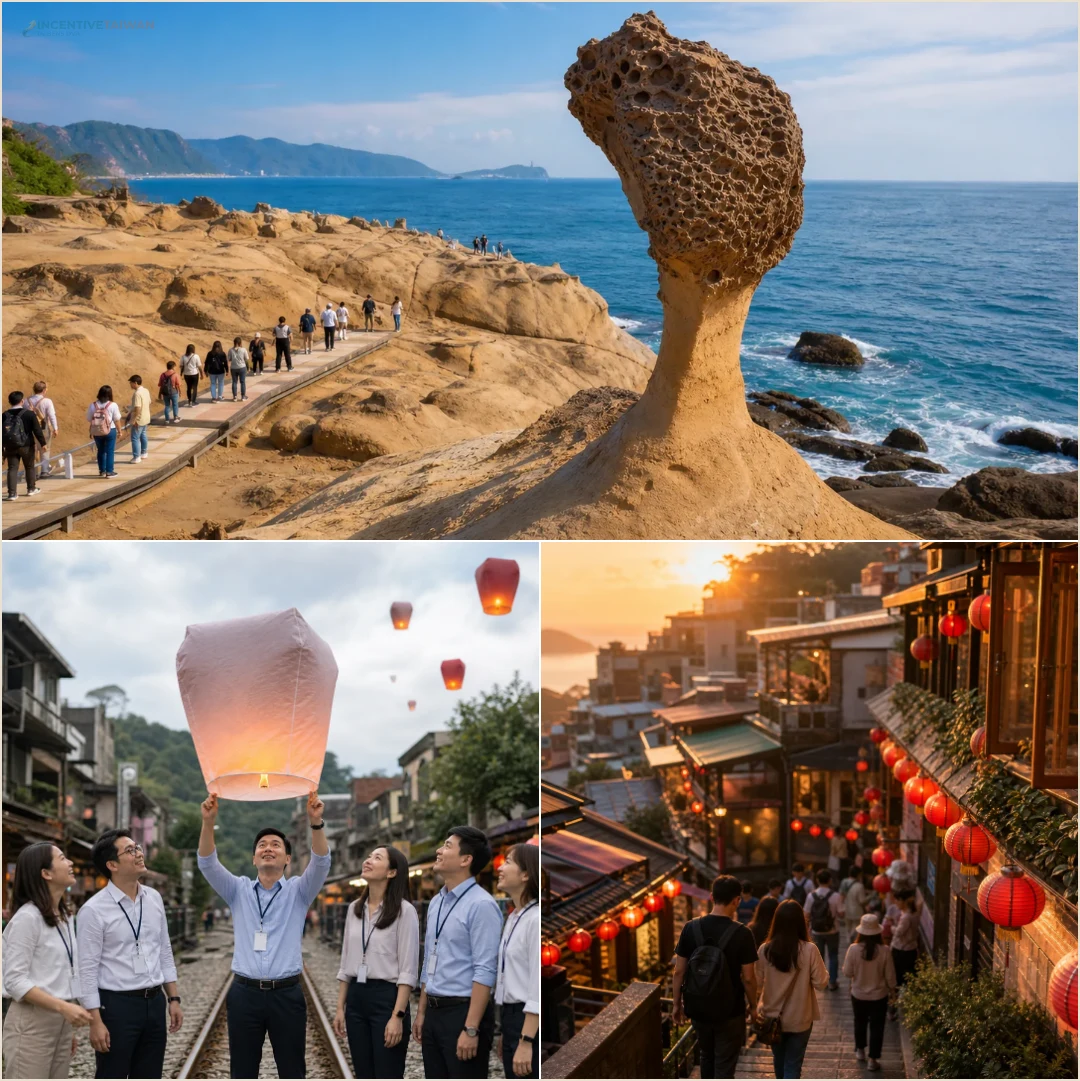 คอลลาจสถานที่สามจุดตามลำดับเย่หลิ่ว สือเฟิ่น และจิ่วเฟิ่นสำหรับเส้นทางหนึ่งวัน