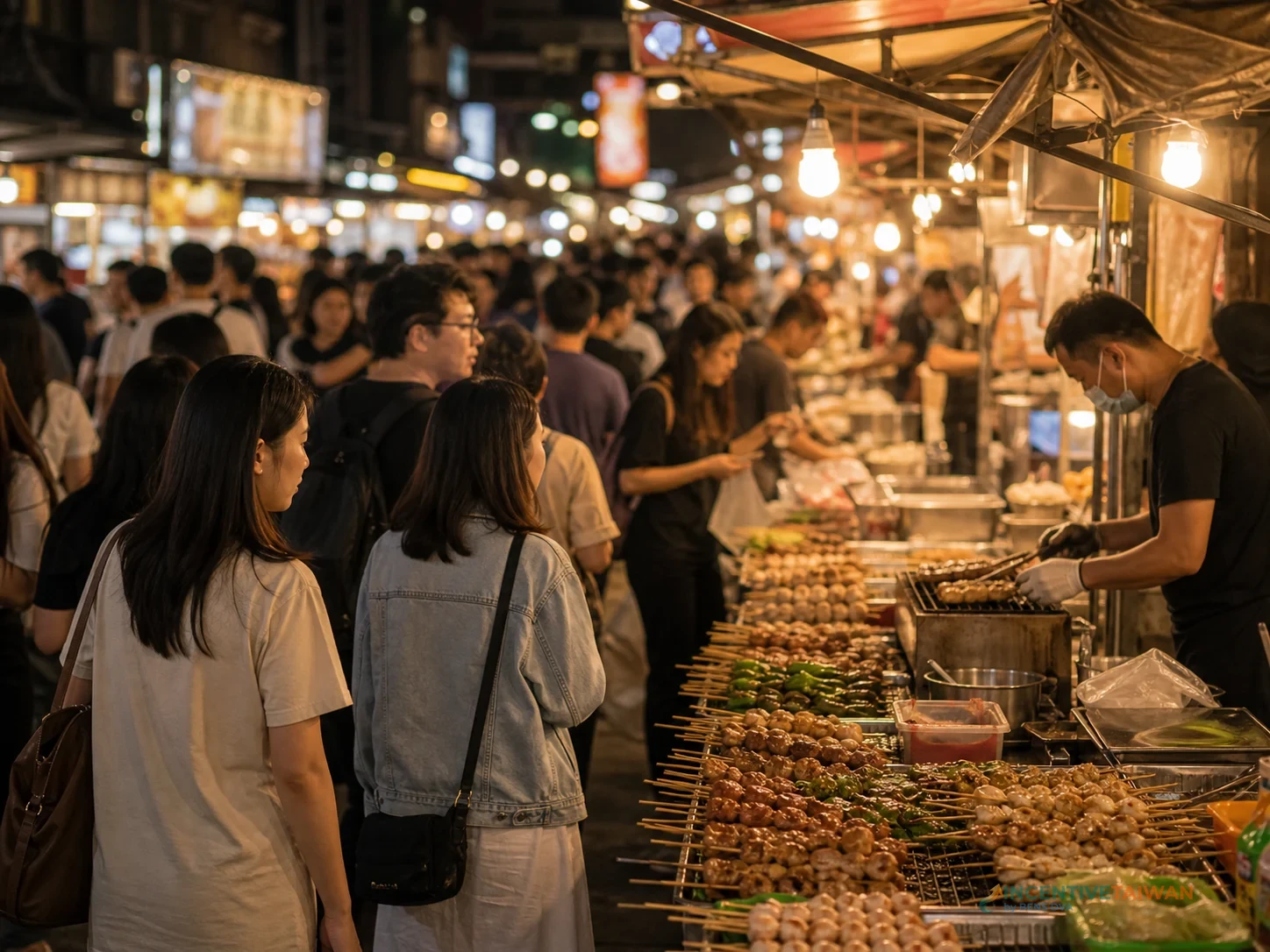 บรรยากาศร้านอาหารและป้ายภาษาจีนในตลาดกลางคืนซื่อหลินสำหรับวางแผนการสื่อสารของทีม