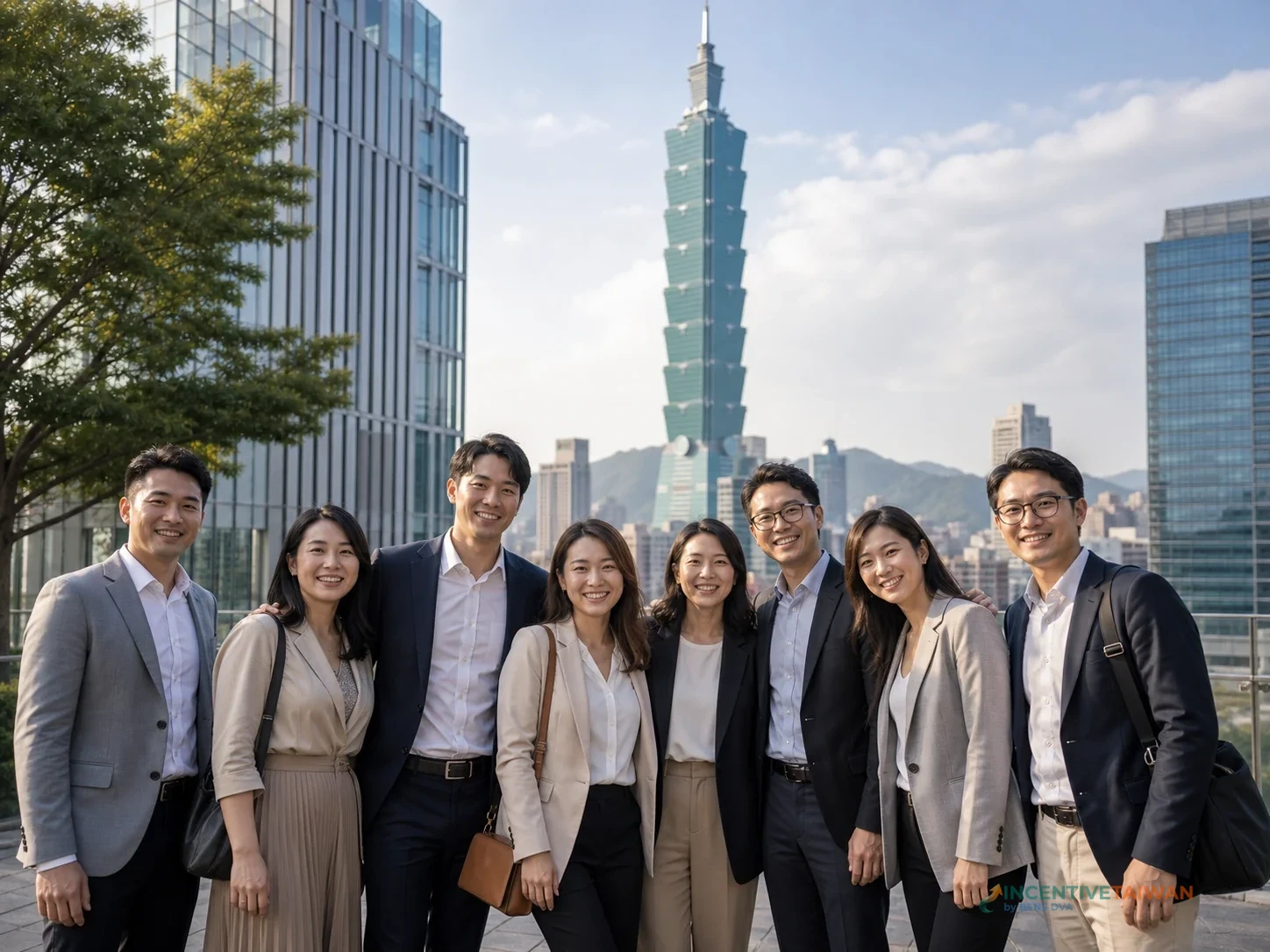 กรุ๊ปบริษัทถ่ายภาพร่วมกันโดยมี Taipei 101 เป็นฉากหลัง
