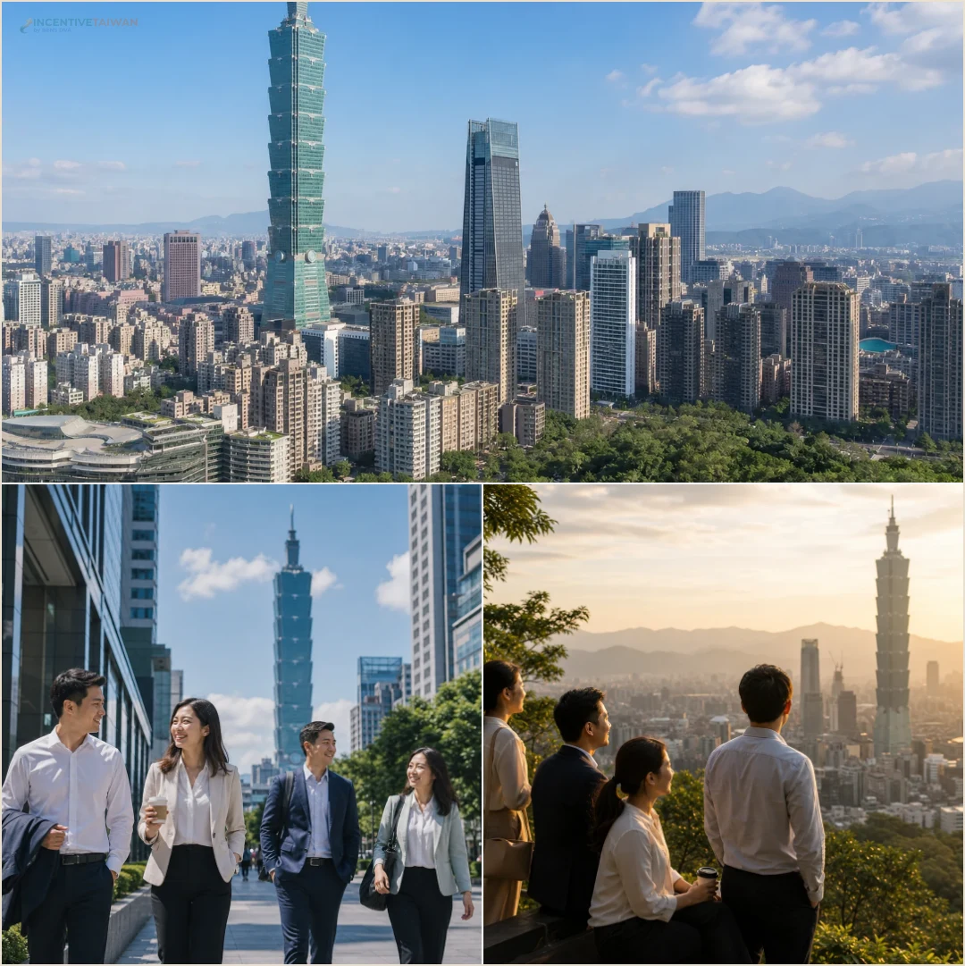 คอลลาจบรรยากาศ Taipei 101 ย่านซินอี้ และมุมมองจาก Elephant Mountain