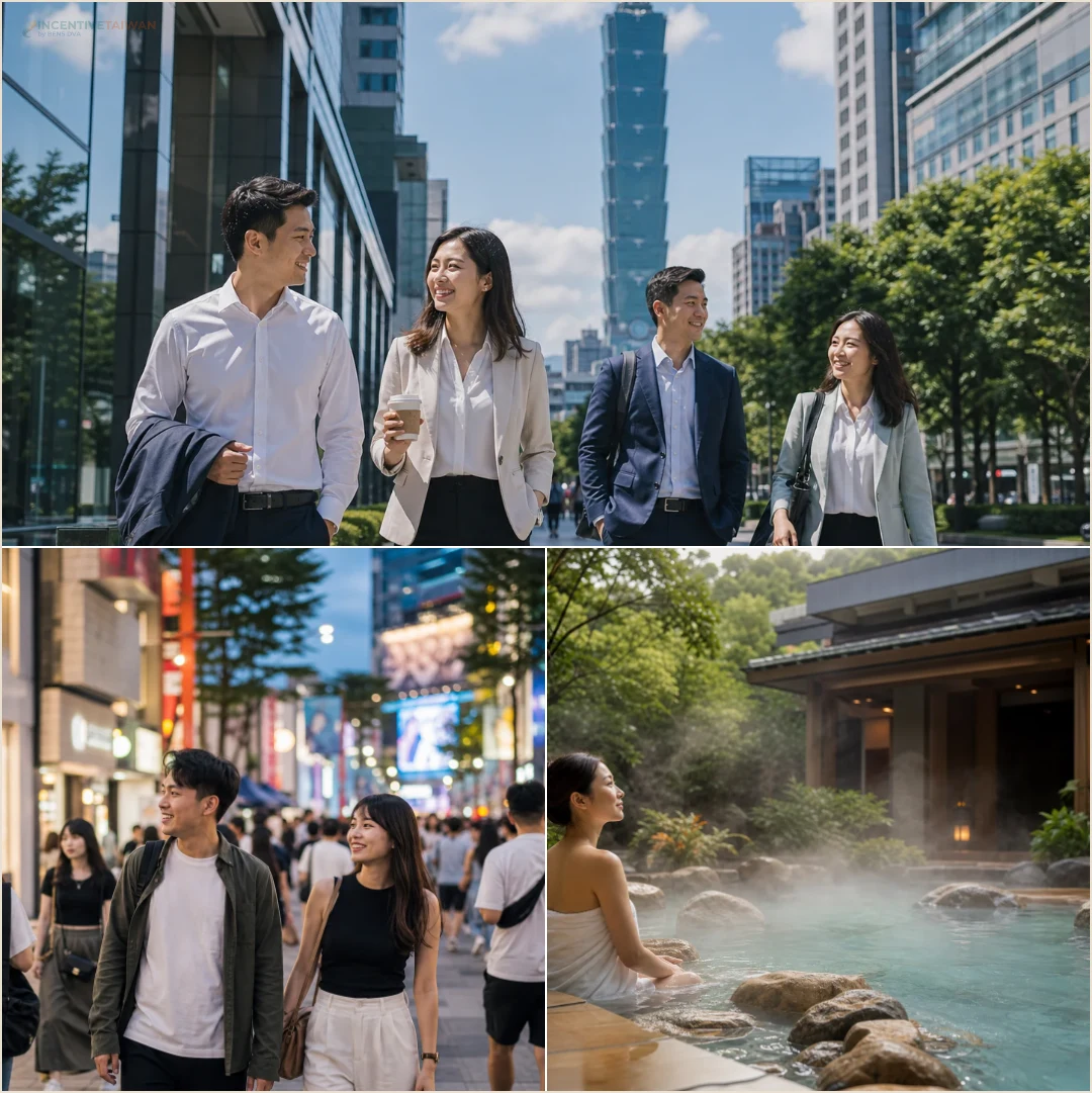 คอลลาจสถานที่ในไทเปที่เหมาะกับวันเดินทางด้วย MRT ได้แก่ Taipei 101 ซีเหมินติง และเป่ยโถว
