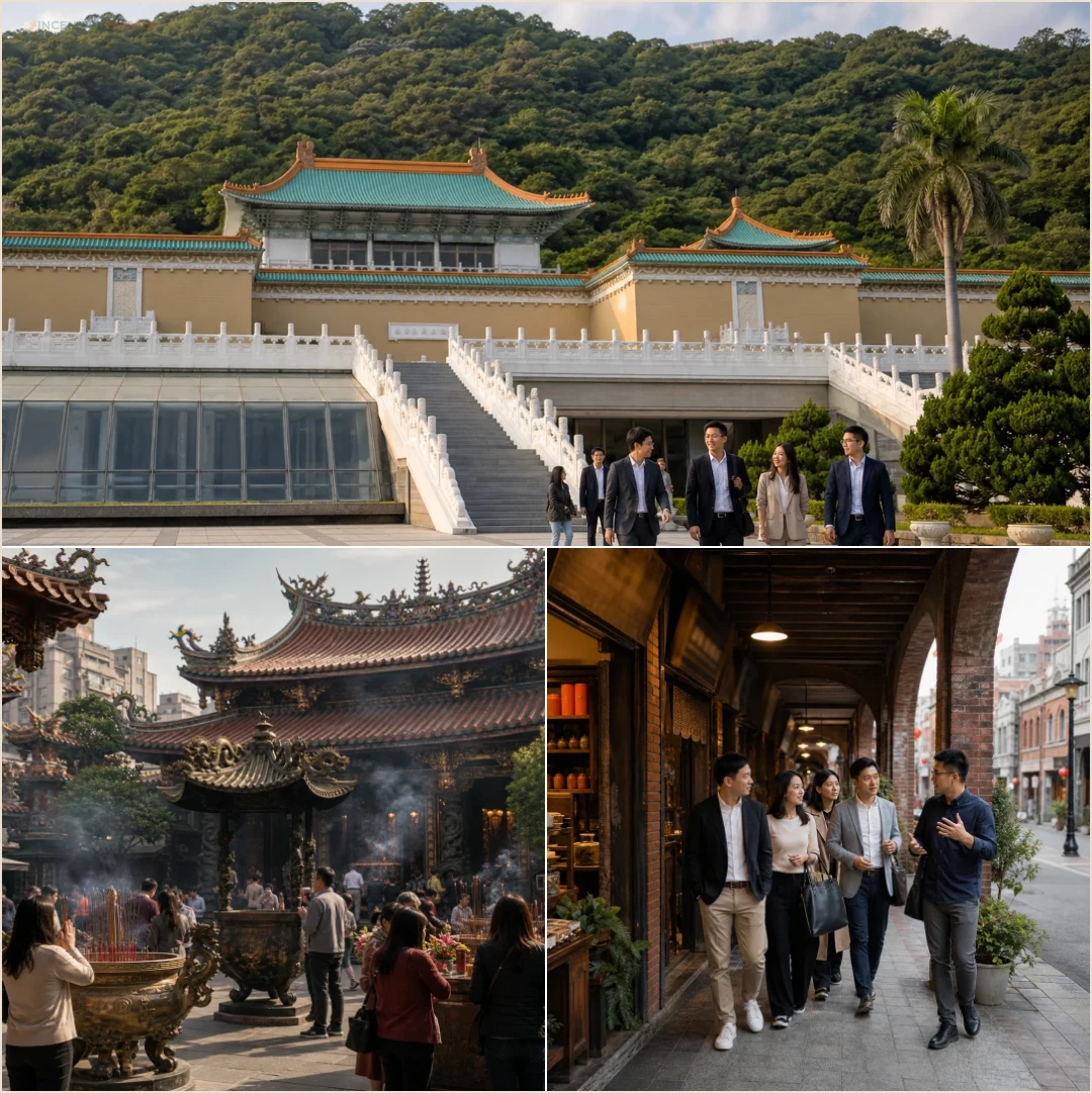 คอลลาจสถานที่วัฒนธรรมในไทเป ได้แก่ พิพิธภัณฑ์พระราชวังแห่งชาติ วัดหลงซาน และย่านต้าเต้าเฉิง