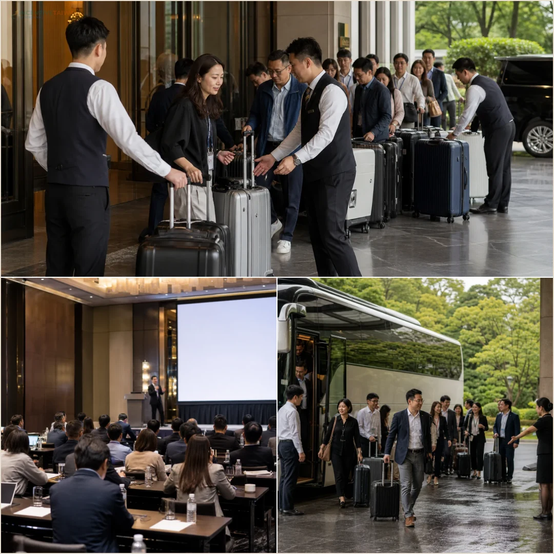 คอลลาจทีมบริษัทจัดการกระเป๋า ประชุมในโรงแรม และเดินทางถึงที่พักในไต้หวัน