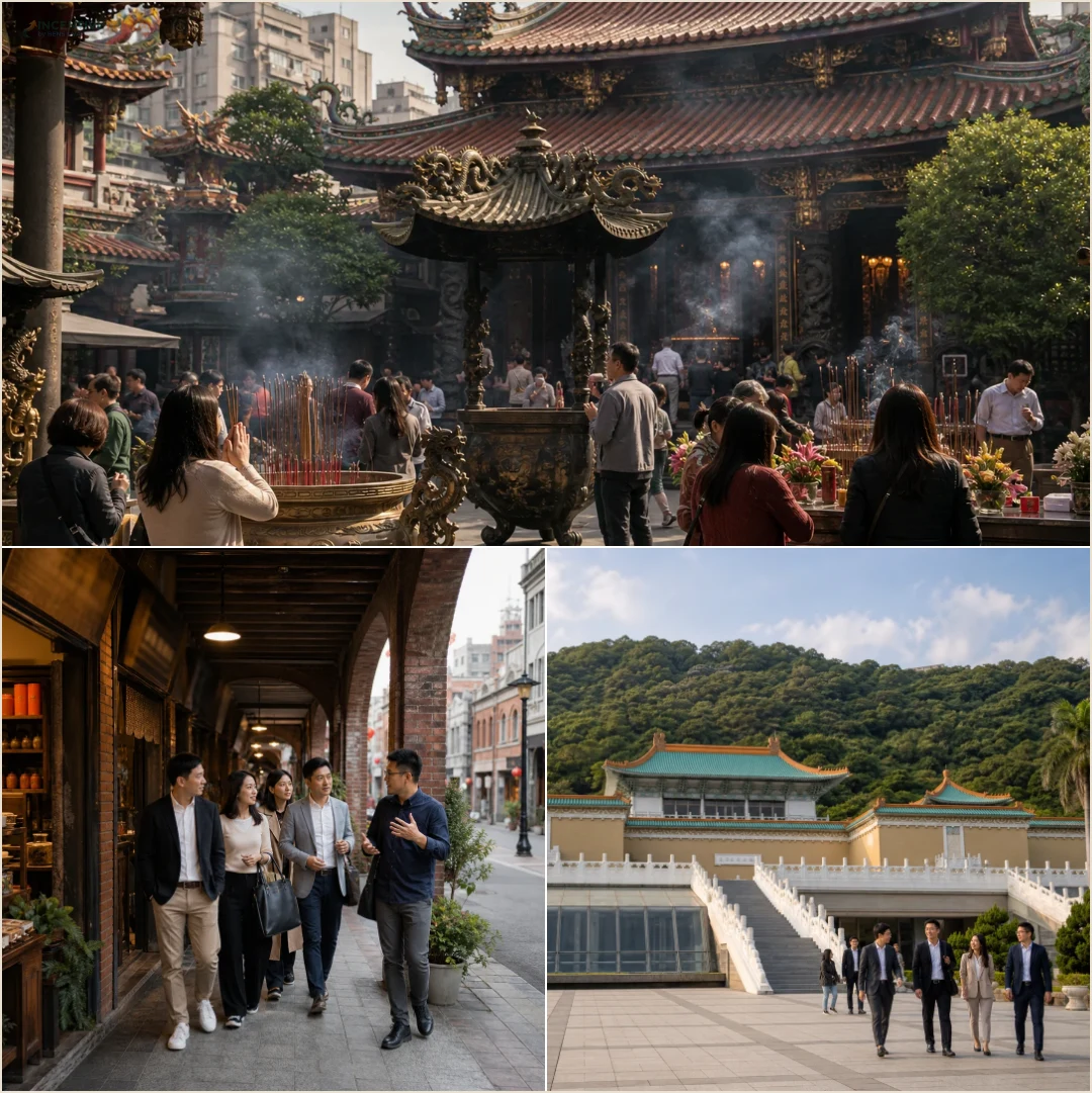 คอลลาจสถานที่มรดกไทเป วัดหลงซาน ย่านต้าเต้าเฉิง และพิพิธภัณฑ์พระราชวังแห่งชาติ