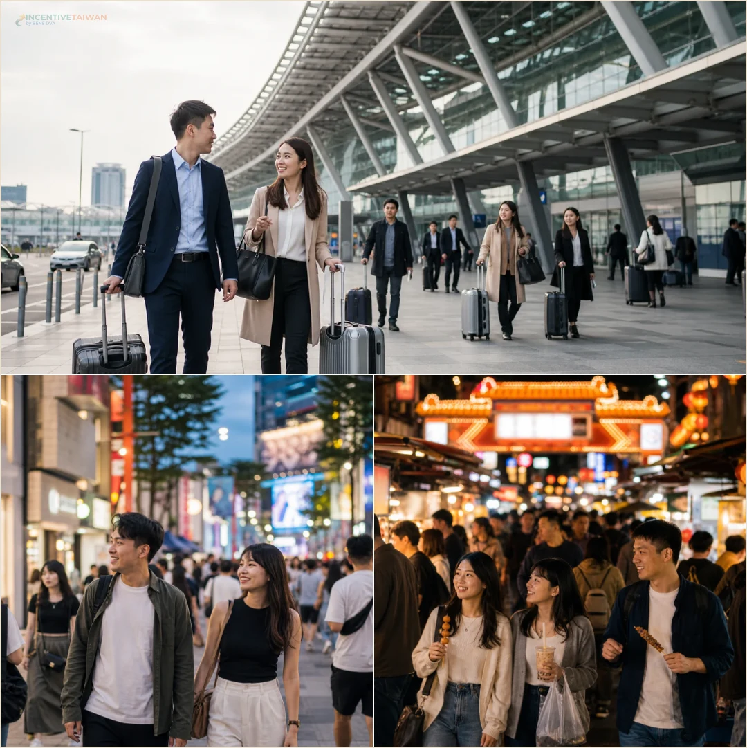 คอลลาจสถานที่ล้วนแสดงสถานีหลัก ซีเหมินติง และย่านตลาดกลางคืนในไทเปสำหรับกำหนดจุดนัดหมายของทีม