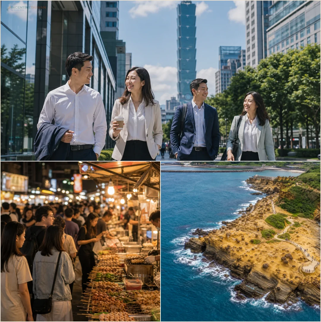 คอลลาจสถานที่หลักของทริปไต้หวันระยะสั้น ได้แก่ Taipei 101 ตลาดกลางคืนซื่อหลิน และชายฝั่งเย่หลิ่ว