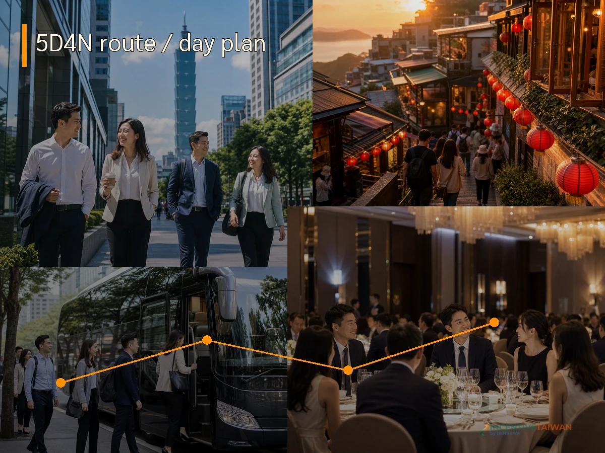 คอลลาจบรรยากาศทริปบริษัทไต้หวัน เช่น ประชุมในโรงแรม ถ่ายภาพทีม และ gala dinner