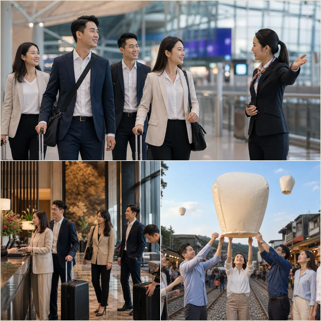 คอลลาจขั้นตอนบริการทริปองค์กรไต้หวัน เช่น รถรับส่งสนามบิน เช็คอินโรงแรม และทีมบิลดิ้งปล่อยโคม