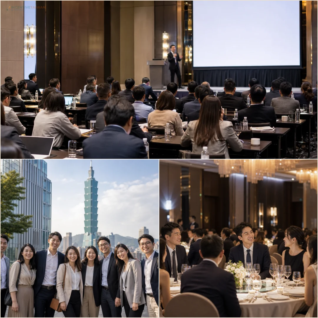 คอลลาจบรรยากาศทริปองค์กรไต้หวัน เช่น ประชุมในโรงแรม ถ่ายภาพทีมที่ Taipei 101 และงานเลี้ยงช่วงเย็น