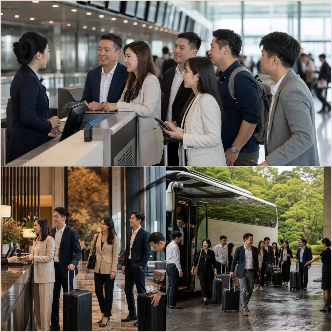 คอลลาจทีมองค์กรไทยเช็คอิน ประสานงานในล็อบบี้โรงแรม และรวมตัวขึ้นรถที่ไต้หวัน