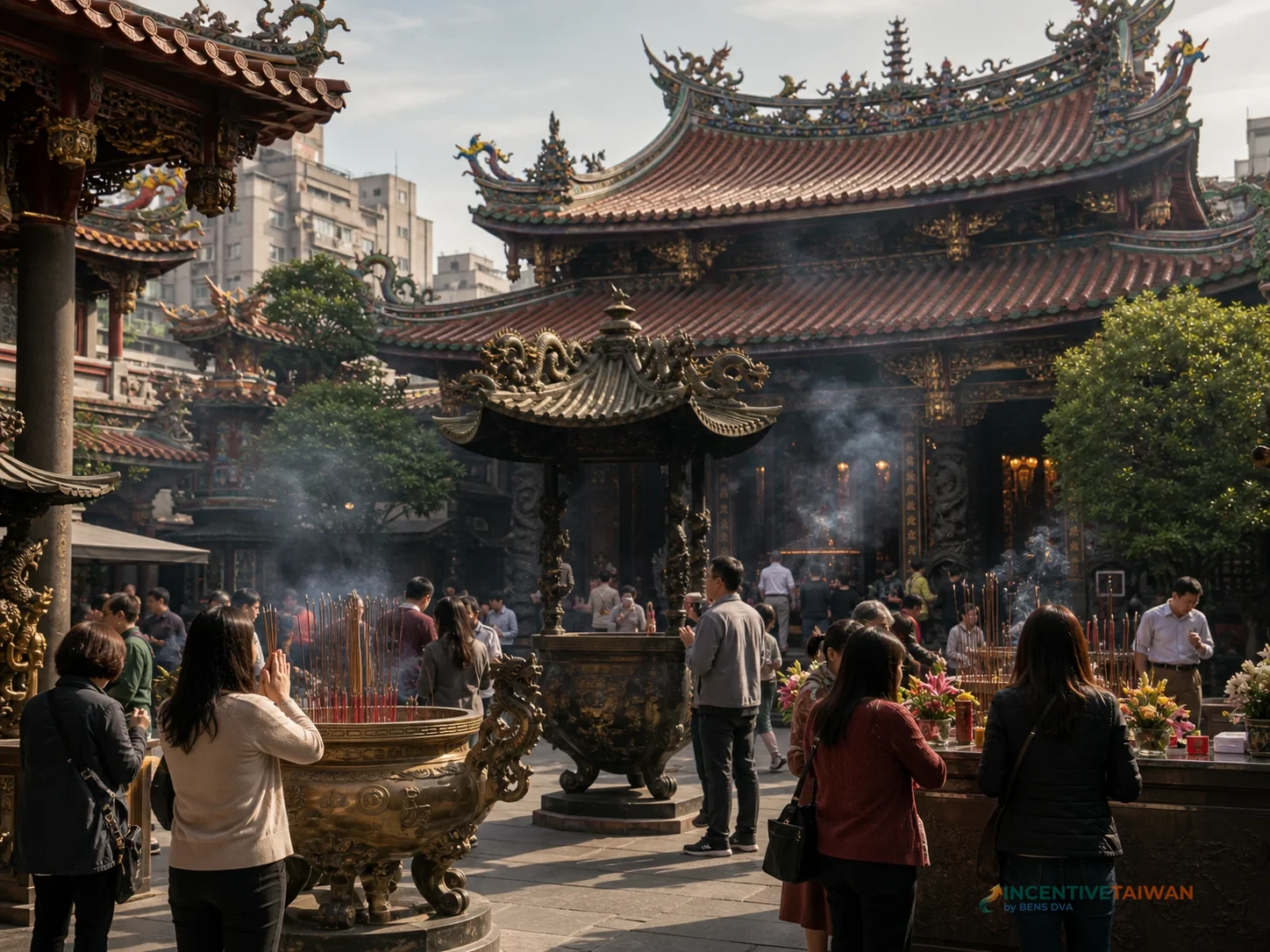 ลานวัดหลงซานในไทเปสำหรับอธิบายทางเข้า ทางออก และการเว้นทางให้ผู้มาสักการะ