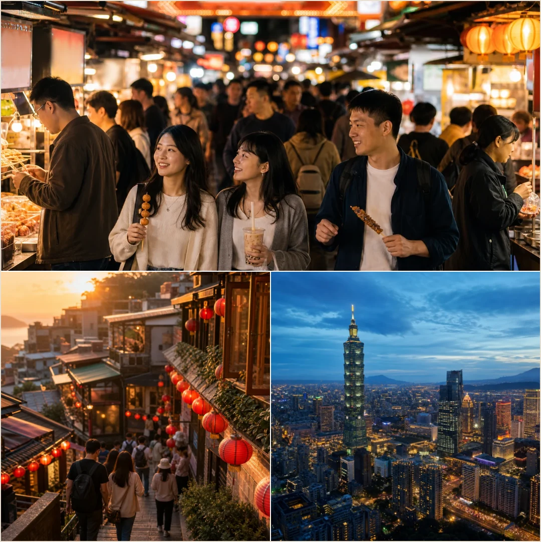 คอลลาจสถานที่ยามค่ำของไต้หวัน ได้แก่ ตลาดกลางคืน โคมไฟจิ่วเฟิ่น และเส้นขอบฟ้าไทเป