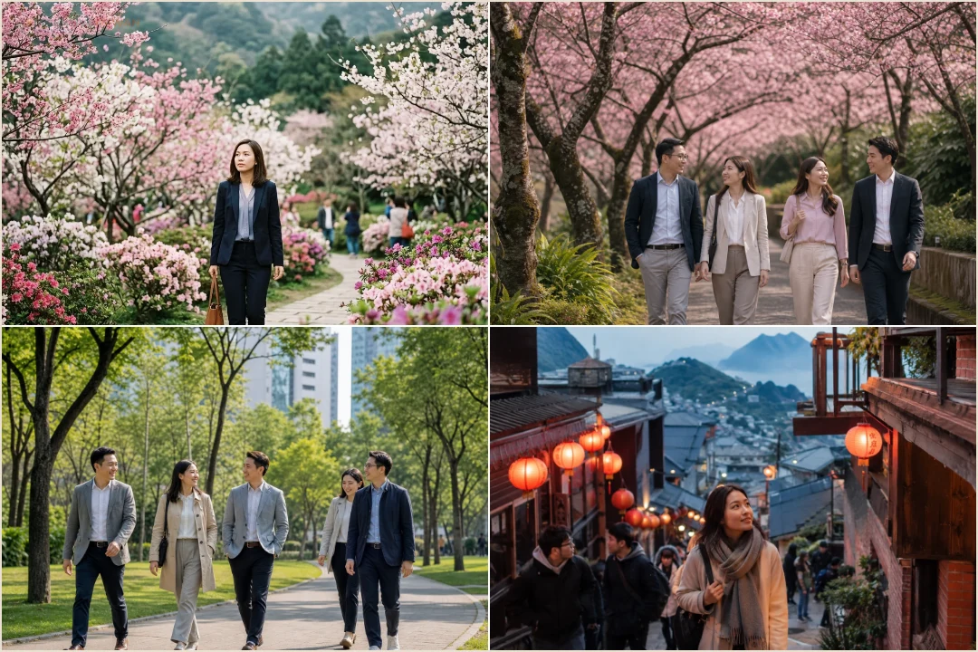 คอลลาจฤดูใบไม้ผลิไต้หวัน ดอกไม้บานที่หยางหมิงซาน สวนเมืองสีเขียว และถนนเมืองเก่ายามเย็นอากาศเย็นสบาย