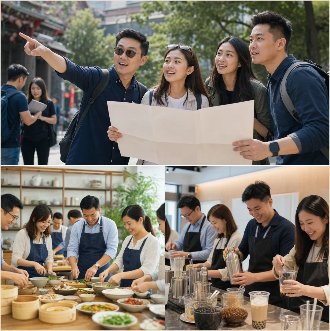 คอลลาจทีมบริษัททำกิจกรรมร่วมกันทั้งภารกิจในเมือง เวิร์กช็อปทำอาหาร และเวิร์กช็อปชาไข่มุก