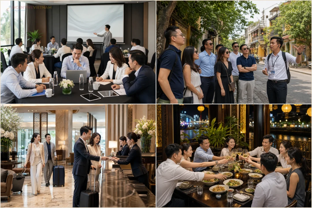 คอลลาจภาพงานวางแผนทริปองค์กรเวียดนามที่รวมเวิร์กช็อป สนามบิน โรงแรม และดินเนอร์กรุ๊ป
