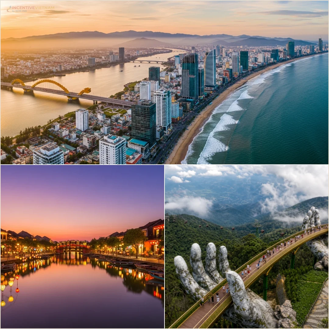 คอลลาจเส้นทางดานัง ฮอยอัน บานาฮิลล์ ที่แสดงชายฝั่งดานัง เมืองเก่าฮอยอัน และ Golden Bridge บนบานาฮิลล์