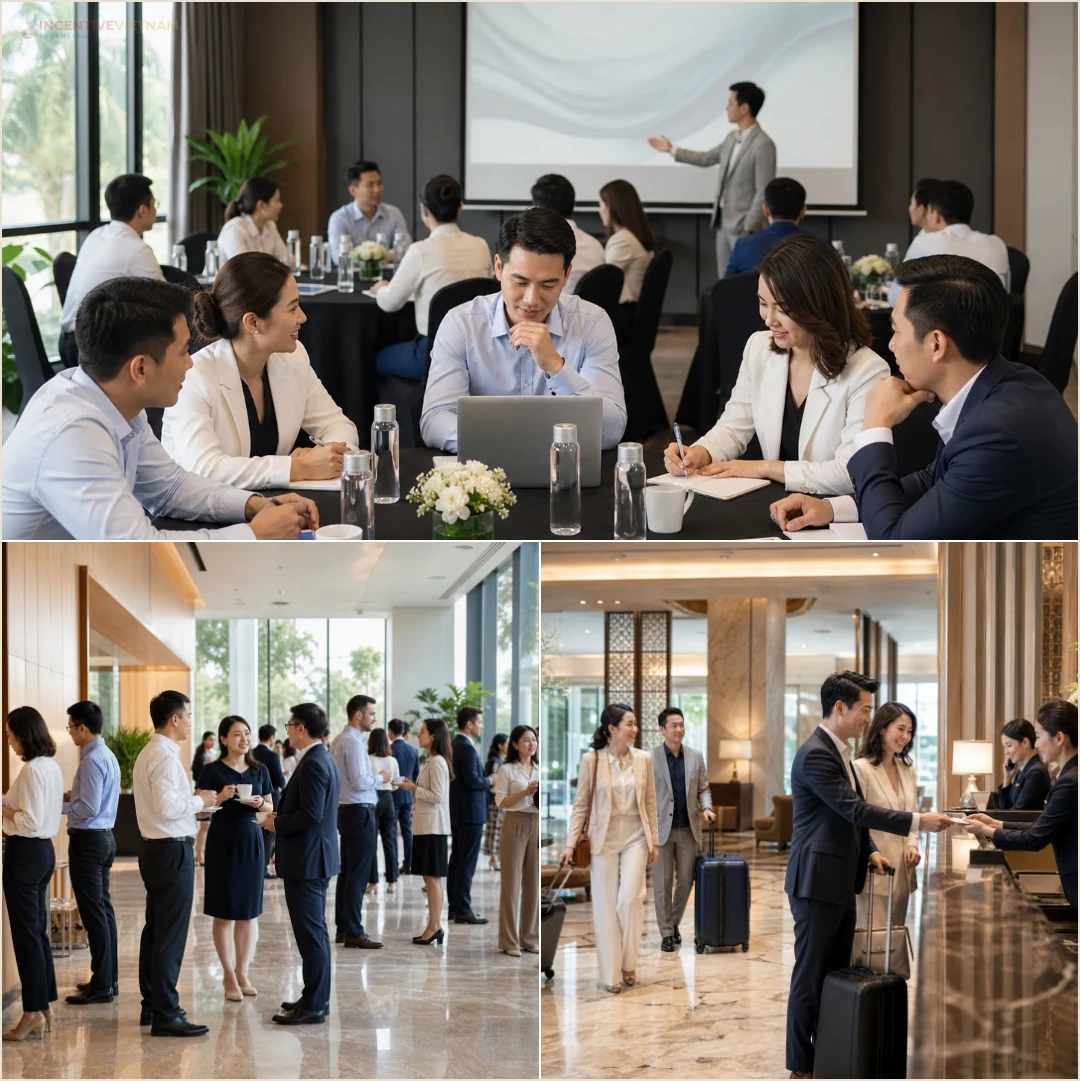คอลลาจผู้เข้าร่วมงานระหว่างประชุมเชิงปฏิบัติการ สร้างสัมพันธ์ช่วงพัก และเช็กอินโรงแรม