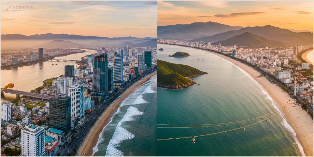 คอลลาจสถานที่ล้วนแสดงวิวชายฝั่งดานังและอ่าวญาจางสำหรับเปรียบเทียบเมือง Company Outing