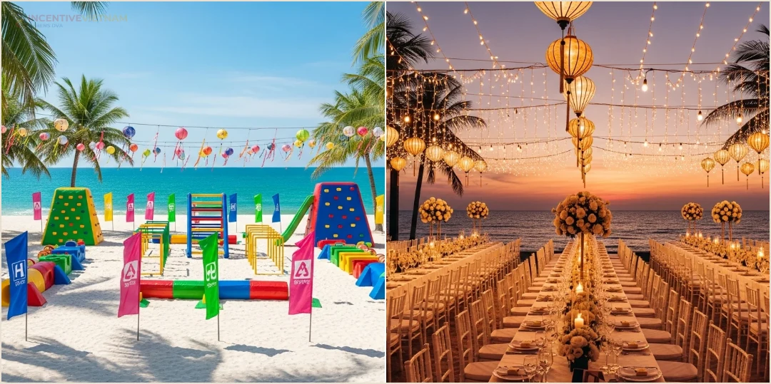 คอลลาจคนทำกิจกรรม Team Building ชายหาดและร่วม Gala Dinner ริมทะเลในเวียดนาม