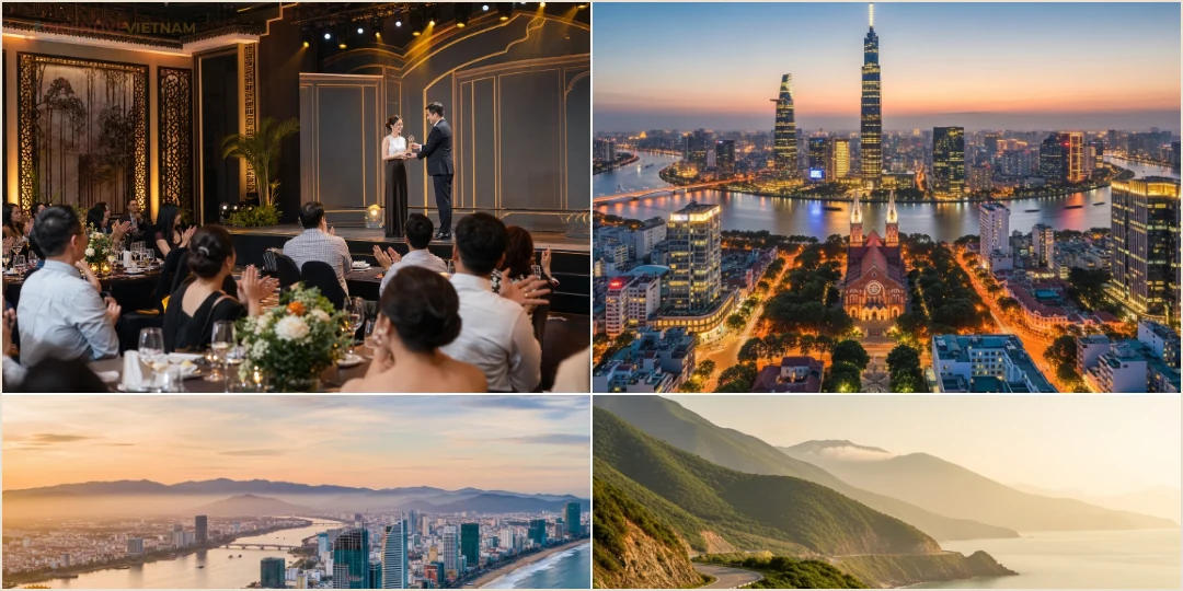 คอลลาจบรรยากาศ Dealer Trip เวียดนามที่รวมการมอบรางวัล เมืองธุรกิจ รีสอร์ต และรถรับส่งพรีเมียม
