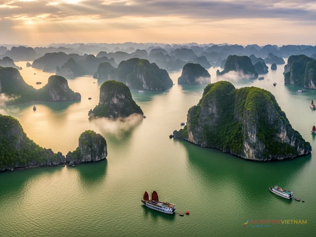 ภาพบรรยากาศล่องเรือฮาลองเบย์แบบค้างคืนที่เหมาะกับทริปองค์กรเวียดนาม