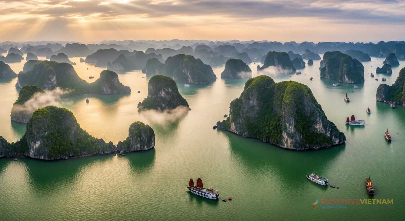 ภาพมุมสูงอ่าวฮาลองและภูเขาหินปูน ใช้อธิบายบริบทเส้นทางล่องเรือ