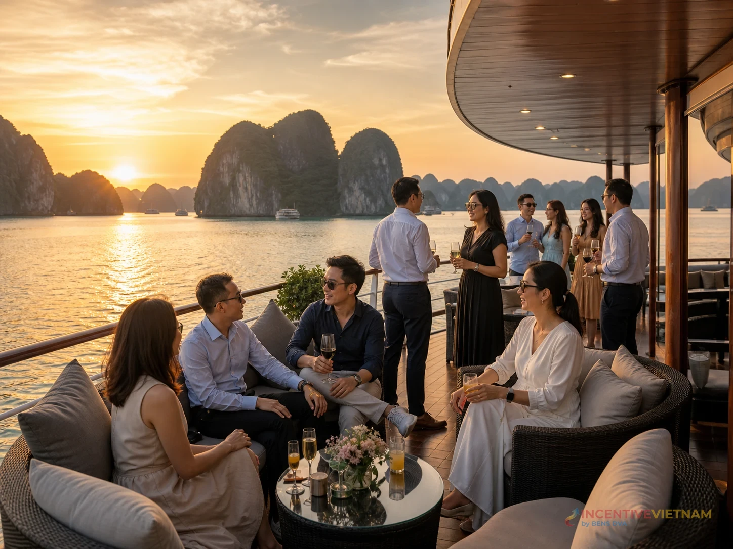 กลุ่มบริษัทชมวิวบนดาดฟ้าเรือฮาลองเบย์ช่วงแสงเย็น