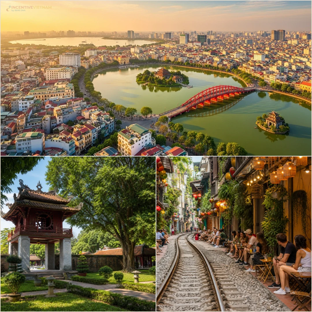 คอลลาจสถานที่ล้วนแสดงทะเลสาบคืนดาบ วัดวรรณกรรม และย่านเมืองเก่าในฮานอย