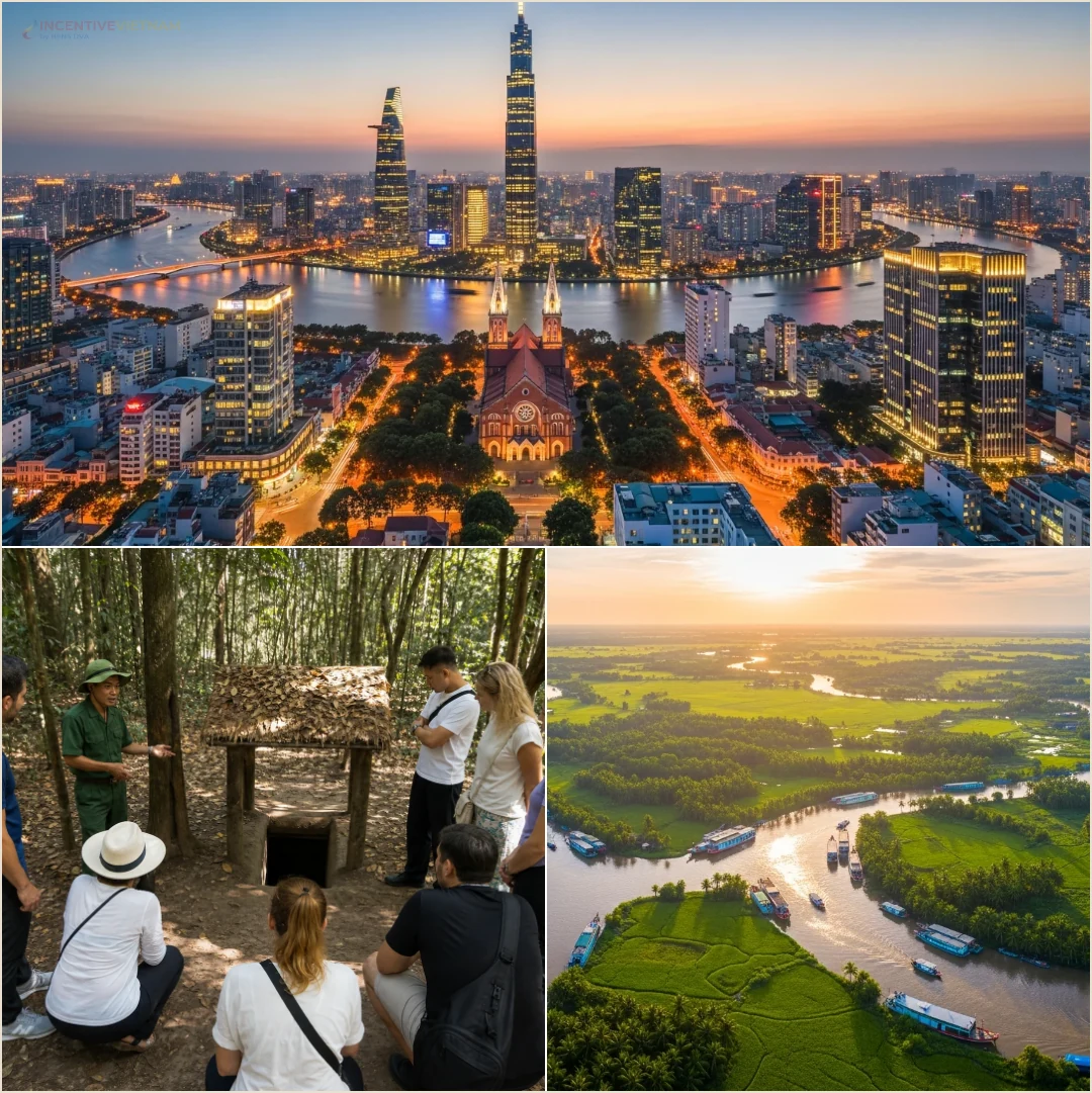คอลลาจโฮจิมินห์ Cu Chi และ Mekong Delta สำหรับวางโปรแกรมเสริมหลังสัมมนา