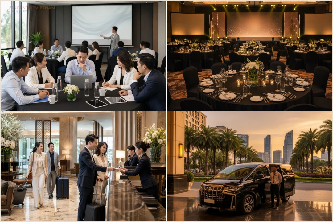 คอลลาจงานองค์กรในโฮจิมินห์ที่รวมสนามบิน gala dinner โรงแรม และรถรับส่ง