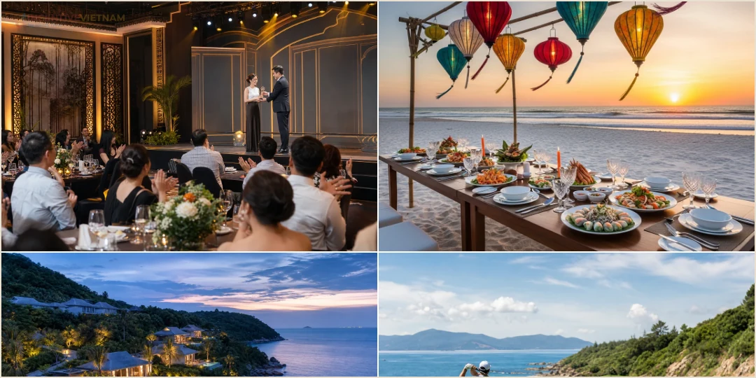 คอลลาจบรรยากาศทริป incentive เวียดนามที่รวมการมอบรางวัล มื้อพรีเมียม รีสอร์ต และกิจกรรมผู้บริหาร