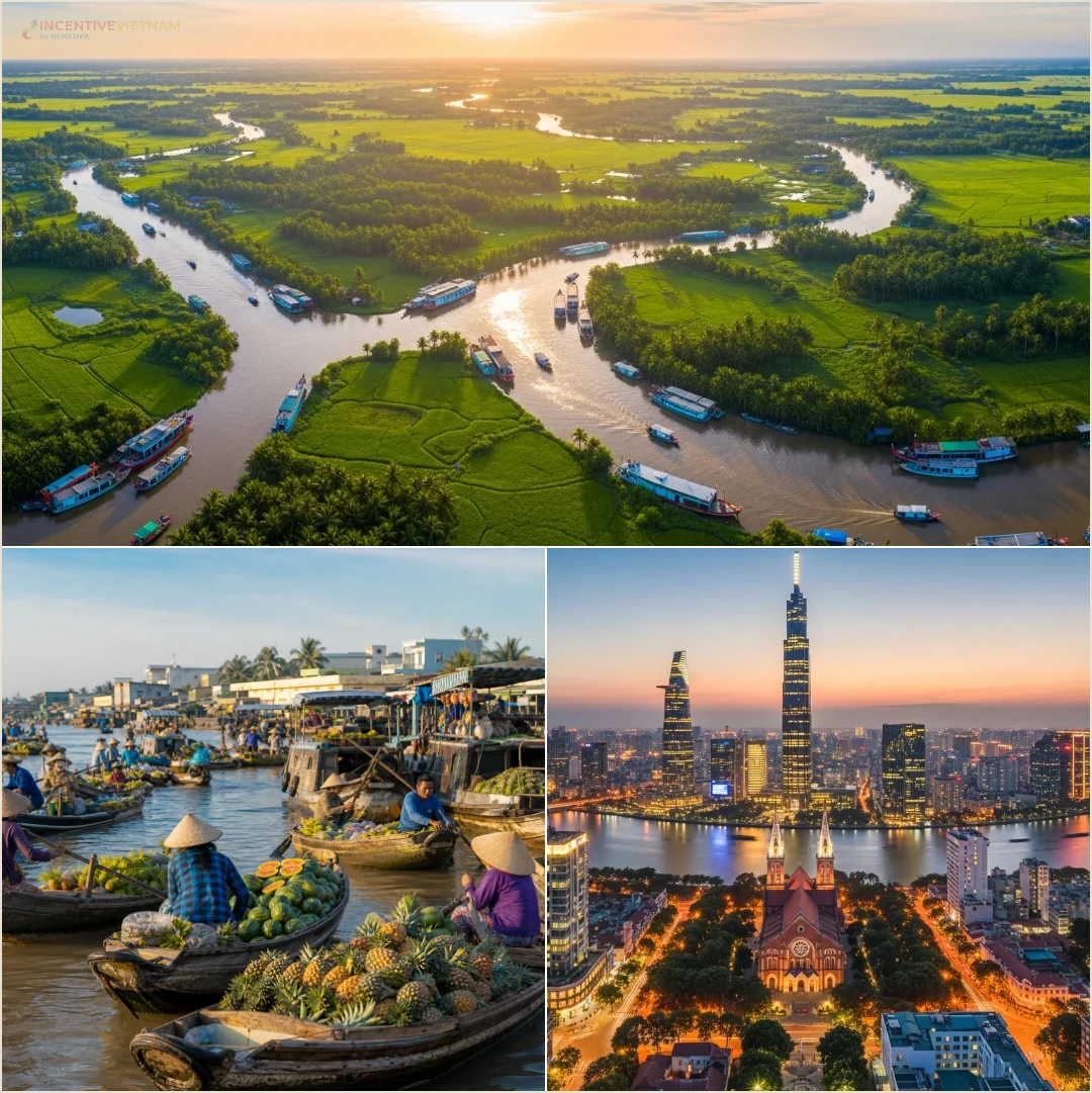 คอลลาจสถานที่แสดงลำน้ำแม่โขง ตลาดน้ำ และเส้นขอบฟ้าโฮจิมินห์ในบริบททริปหนึ่งวัน