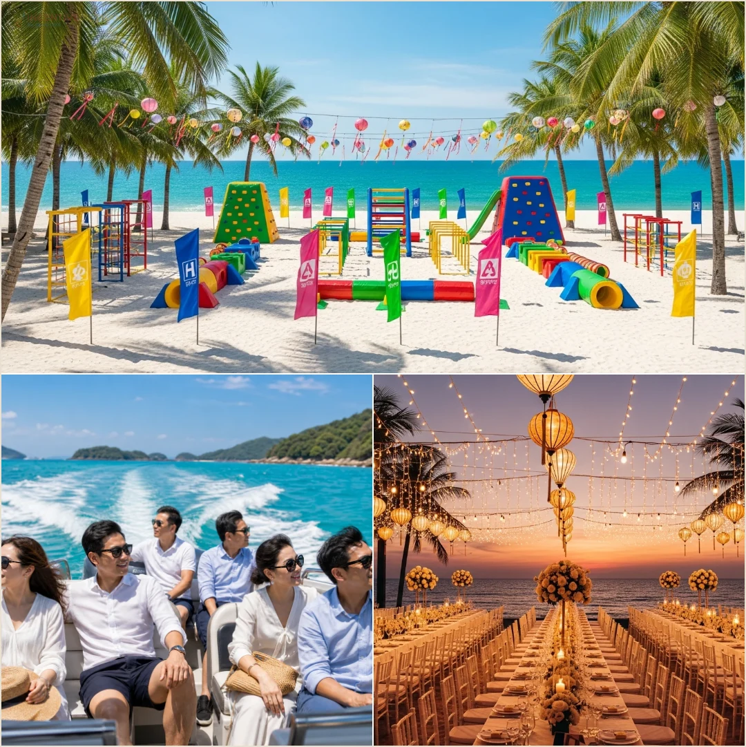 คอลลาจคนล้วนแสดง Team Building ริมทะเล การเดินทางทางเรือของกรุ๊ป และงานเลี้ยงริมทะเลในทริปองค์กรเวียดนาม