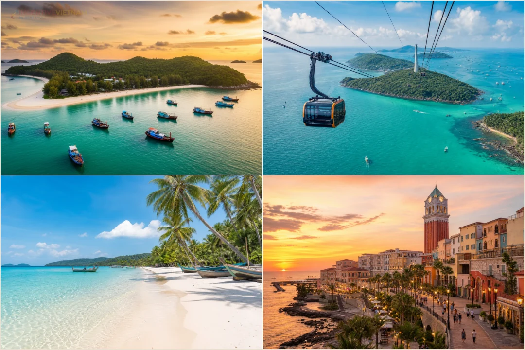 คอลลาจจุดเด่นของฟู้โกว๊กสำหรับ Reward Trip เช่น ชายหาด Hon Thom และย่านริมน้ำยามเย็น