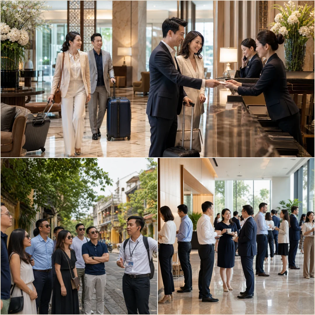 คอลลาจบรรยากาศผู้ร่วมทริปองค์กรตั้งแต่เช็กอินโรงแรม รับคำแนะนำจากหัวหน้ากรุ๊ป และสร้างสัมพันธ์ระหว่างงาน