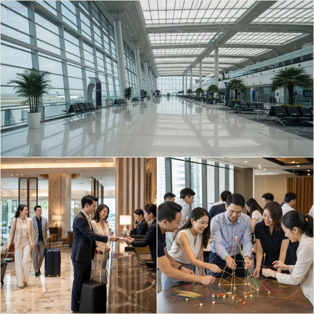 คอลลาจคนล้วนแสดงการประสานคณะที่สนามบิน การเช็กอินโรงแรม และทีมปฏิบัติการร่วมแก้สถานการณ์ทริปเวียดนาม