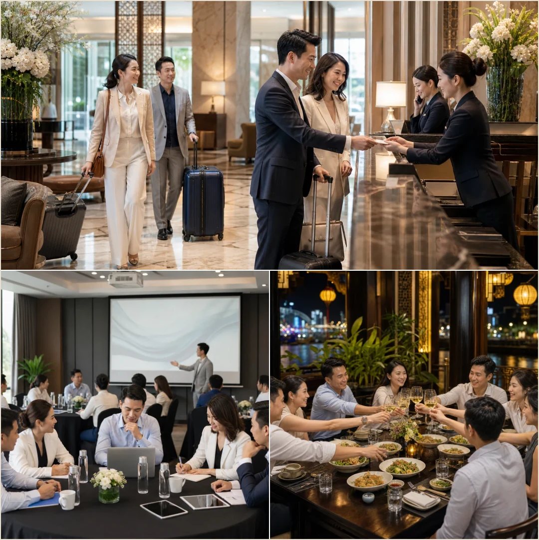 คอลลาจคนล้วนแสดงการเช็กอินโรงแรม เวิร์กช็อป และมื้อรับรองของกรุ๊ปบริษัทในเวียดนาม