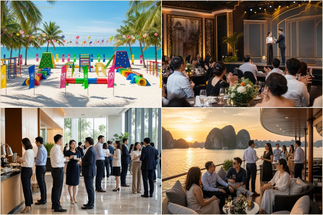 คอลลาจตัวอย่างบรรยากาศทริปองค์กรเวียดนาม เช่น team building ชายหาด ช่วงมอบรางวัล networking และล่องเรือกลุ่ม